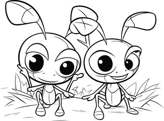 Cute cartoon ants on the grass. Vector illustration for coloring book.
