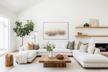 Fototapeta premium minimal home interior background living room with natural material and light bright clean cosy minimal design schematic material earthtone house beautiful design ideas concept