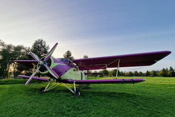 An old, abandoned plane in violet and yellow.