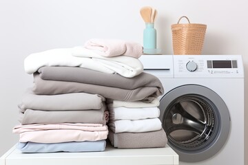 clean cloth heap on whitw table countertop in front of washing machine in laundry area at home