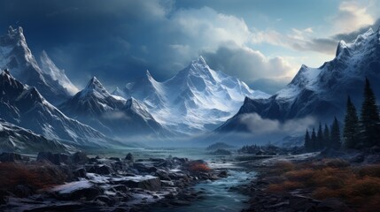 Landscape of mountains.  Valley, tundra and forest. Rocks and canyon. Beautiful sky with dark blue clouds.