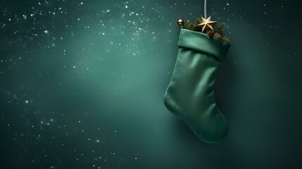 Isolated green Christmas Stocking in front of a festive Background. Cheerful Template with Copy Space