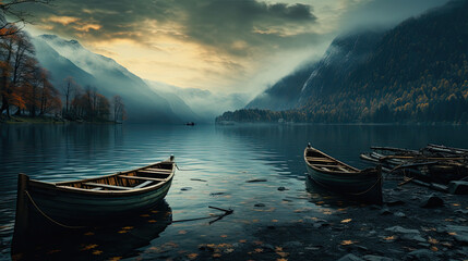 calm landscape, empty wooden boat on a foggy lake