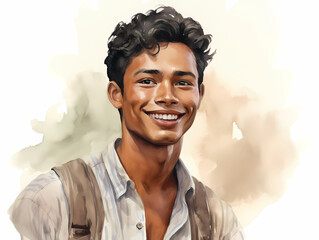 Watercolor portraite of yang punjabi man. Indian people. Illustration. Smiling indian man