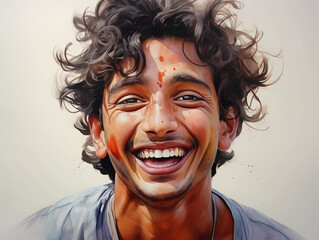 Watercolor portraite of yang punjabi man. Indian people. Illustration. Smiling indian man