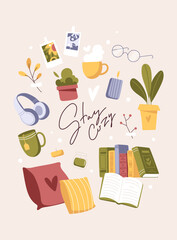 Autumn aesthetics card. Lettering Stay cozy. Contemporary art, collection with hand drawn elements. Flat vector illustration