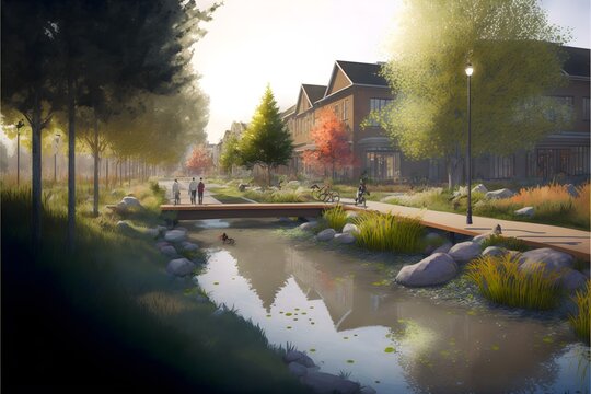 stream in Kitsilano Vancouver landscape architecture rendering cinematic lighting perspective drawing 
