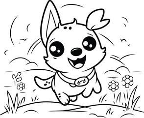 Cute cartoon dog in the field. Vector illustration for coloring book.