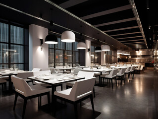 An empty, contemporary restaurant with stylish decor and furnishings, captured from a high angle perspective.