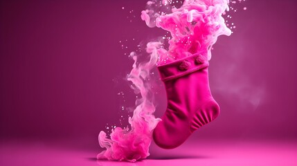 Isolated hot pink Christmas Stocking in front of a festive Background. Cheerful Template with Copy Space