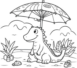 Dinosaur under an umbrella. Black and white vector illustration for coloring book.