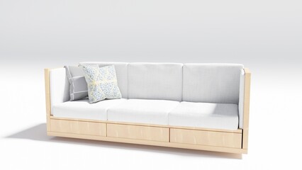 White sofa with bottom drawers made of wood