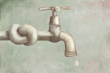 Illustration of closed faucet, water problem social issue, surreal abstract concept