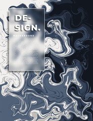 Monochrome fluid and liquid marble background with glassmorphism frame. Colorful and groovy backdrop design with blurred rectangular frame. Suitable for presentation, cover, magazine, or poster.