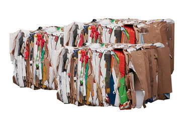 Compressed paper and cardboard waiting for recycling. Isolated white background. Stack of paper waste before shredding at the recycling point. Sustainable future concept.