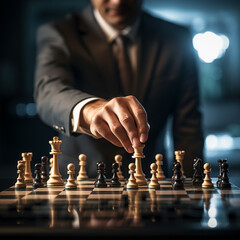 Businessman control chess game, Business strategy management Concept, development new strategy plan, leader and teamwork, planning for competition - obrazy, fototapety, plakaty