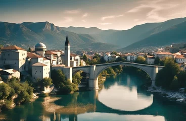 Zelfklevend Fotobehang Stari Most Bosnia and Herzegovina bridge - Created with Generative AI Technology