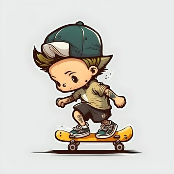 cute boy riding skateboard cartoon simple vector 