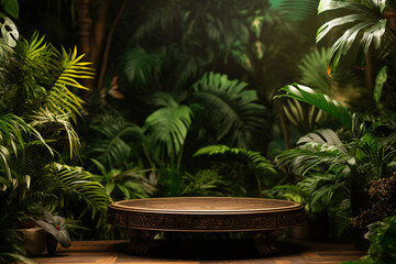 Jungle table background. Interior table for a cosmetic item against the backdrop of tropical plants, palms and jungle