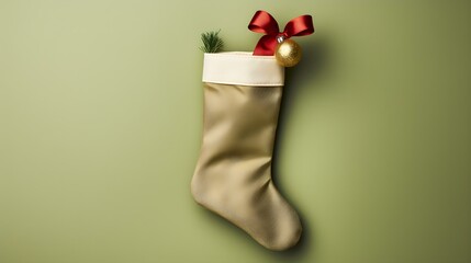 Isolated khaki Christmas Stocking in front of a festive Background. Cheerful Template with Copy...