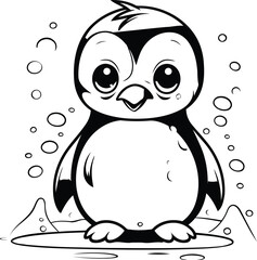 Cute penguin cartoon. Black and white vector illustration for coloring book.