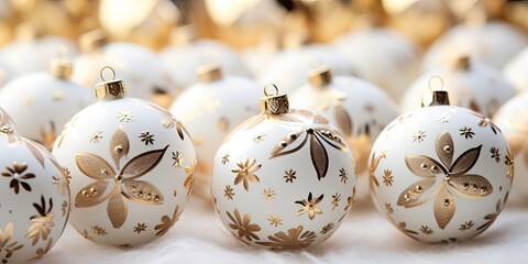 White christmas baubles with golden ornaments on white background. baubles  decorated with pattern.