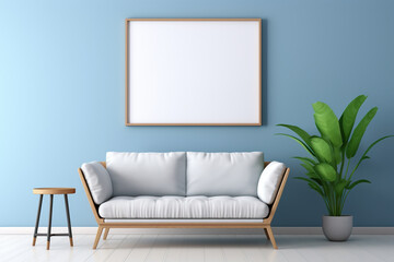 living room with a blank empty painting frame on a wall with a 2 inch frame, colors blue, white, focus on the picture