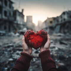 Close-up view at hand hold dirty red knitting heart and blur background of collapse city is destroyed by war. Love against war concept. 