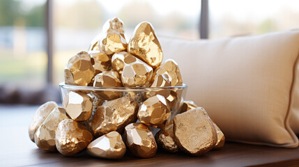 Golden decorative stones in a glass bowl on a table