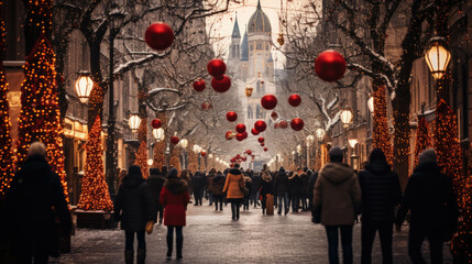 Christmas decorated street in a city with a church in the background and people walking - obrazy, fototapety, plakaty
