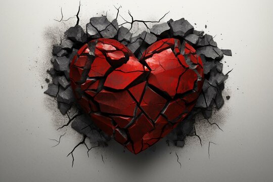 Illustration of a damaged red heart with exposed black stone. Generative AI