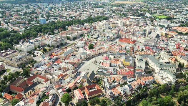 Olomouc, Czech Republic. European Architecture. Landmarks during Sunny Cloudy Day in Europe. Historical city Olomouc, drone aerial view. Gothic church, city town hall Olomouc Saint Wenceslas Cathedral