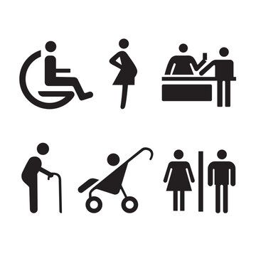 Disabled Priority Symbol Elderly Passenger Pregnant woman with infant child orthopedic wheelchair mobility crutches Human vector sign. Seating
