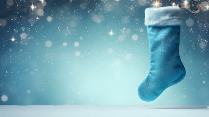 Isolated light blue Christmas Stocking in front of a festive Background. Cheerful Template with...