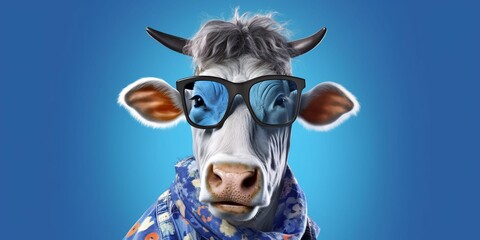 Portrait of Cool and Funny Cow Wearing Glasses in Studio Background