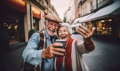 Happy Cheerful senior couple taking selfie on modern smartphone while standing on street. Concept of family, technology and elderly. Happy grandma and grandpa with modern technology - obrazy, fototapety, plakaty