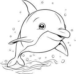 Coloring book for children. Dolphin in the water. Vector illustration
