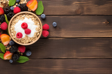 Granola cereal with fresh fruits such as slices of banana, blueberries, raspberries, strawberries and others on the top placed on a blue, dark wooden table, generative Ai. - Powered by Adobe