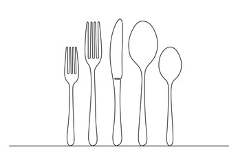  Utensils set in one continuous line drawing style. Isolated on white background vector illustration. Pro vector. 