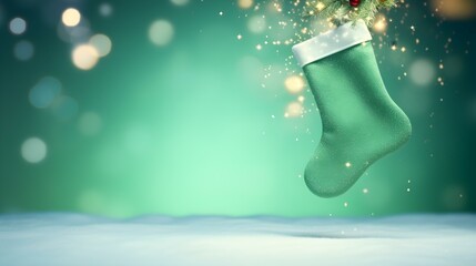 Isolated light green Christmas Stocking in front of a festive Background. Cheerful Template with...