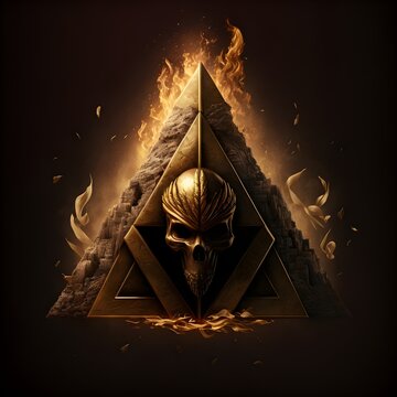 Crea un logo per The Golden Pyramid che combini una piramide dorata con un teschio dorato sulla cima circondato da fiamme dorate Il logo deve essere potente e minaccioso ma allo stesso tempo 