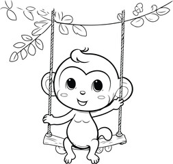 Cute baby on a swing. Vector illustration for coloring book.