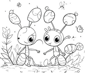 Cute Ants in the garden. Coloring book for kids