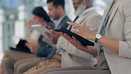 Technology, line and business people waiting for a job interview in the office checking their cv. Hiring, recruitment and closeup of corporate employees with digital tablet for a meeting in workplace