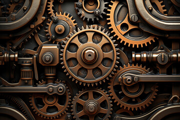 Steampunk-inspired gears and machinery in a metallic texture - obrazy, fototapety, plakaty