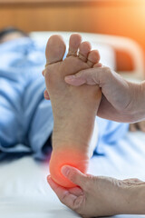Heel pain illness or Plantar Fasciitis in feet of woman patient who having medical exam with...