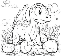 Cute dinosaur in the garden. Coloring book for children.