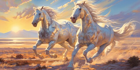 Silver Horses Galloping in the Desert Sand