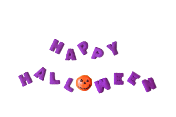 HAPPY HALLOWEEN typography made with alphabet cookies and Jack O Lantern doughnut on transparent background, png file