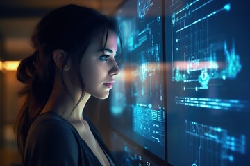  Woman in front of virtual interface screen